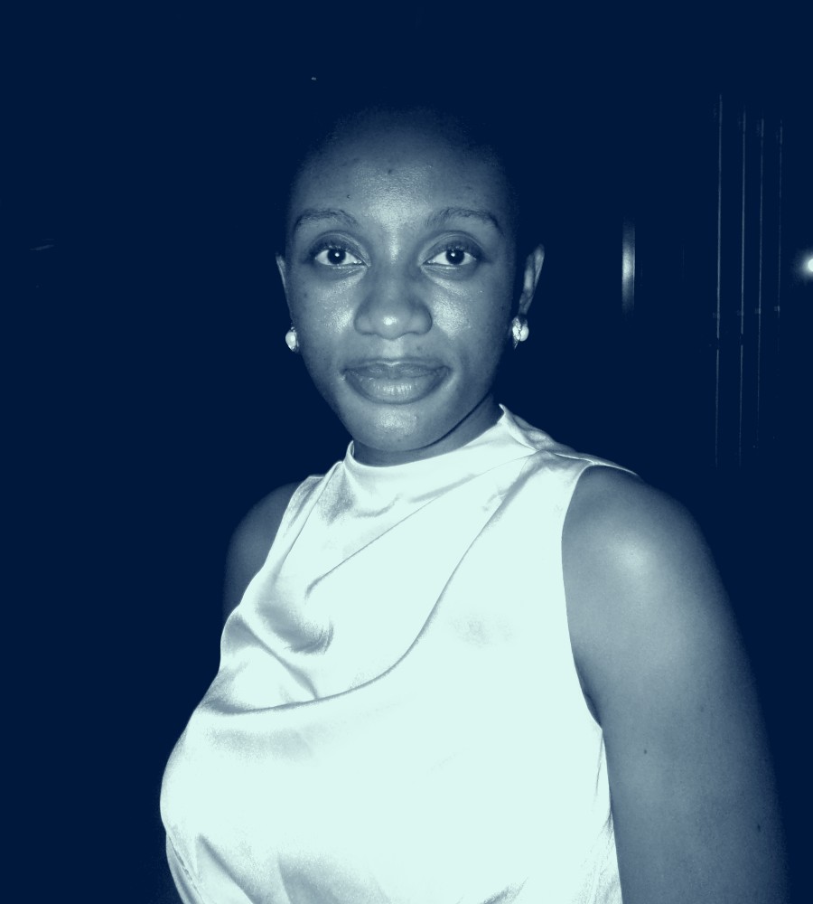 Portrait of Clare in an evening blouse, rendered in the siteu2019s navy and mint duotone with a navy fade above her