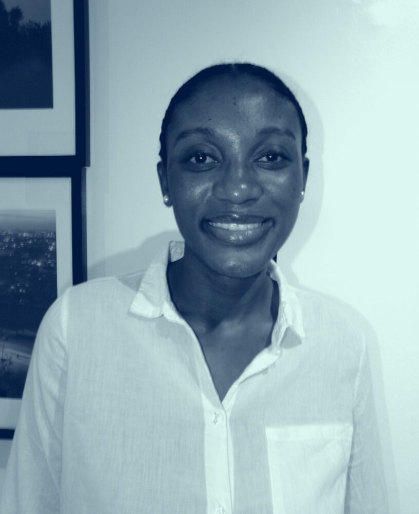 Clare smiling warmly in a white shirt, rendered in the siteu2019s navy and mint duotone