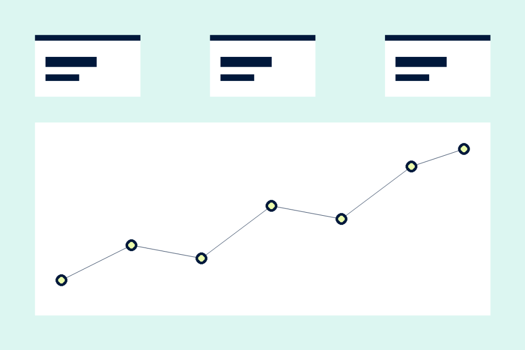 Stylised dashboard with KPI tiles and an upward line chart in navy on mint