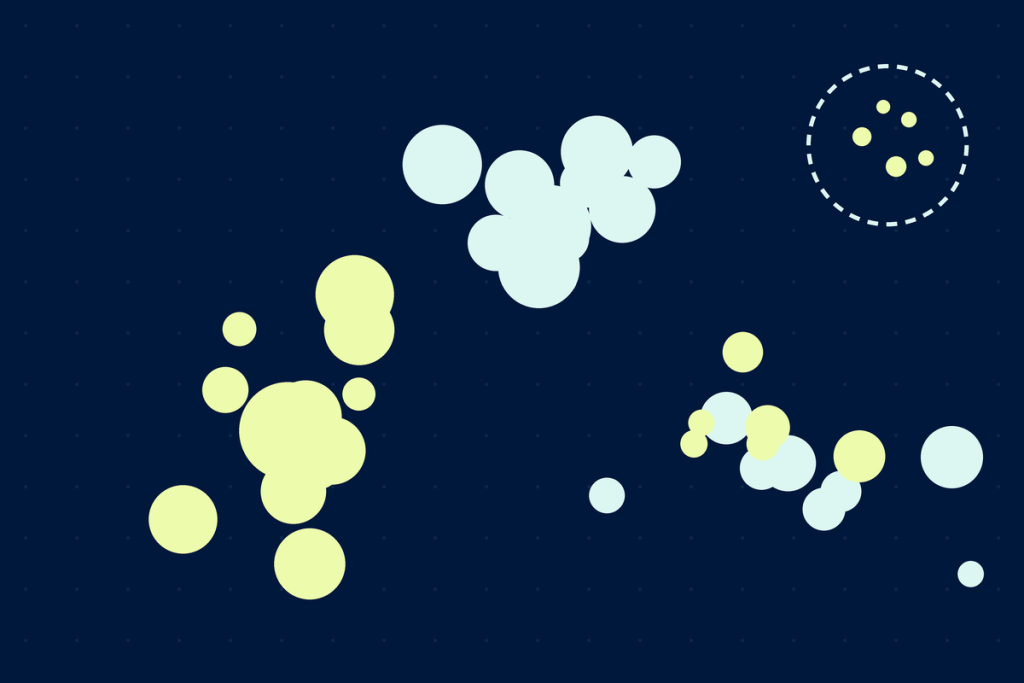 Abstract scatter of lime and mint circles forming clusters on a navy background, with a small dashed ring around a group of outlier dots